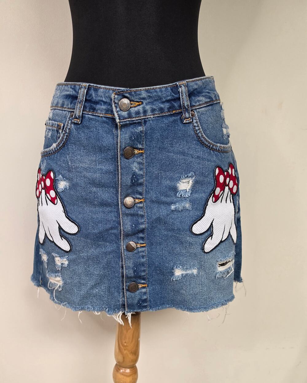Zara Disney Minnie Mouse Denim Mini Skirt M Distressed Button Front Y2K 0098